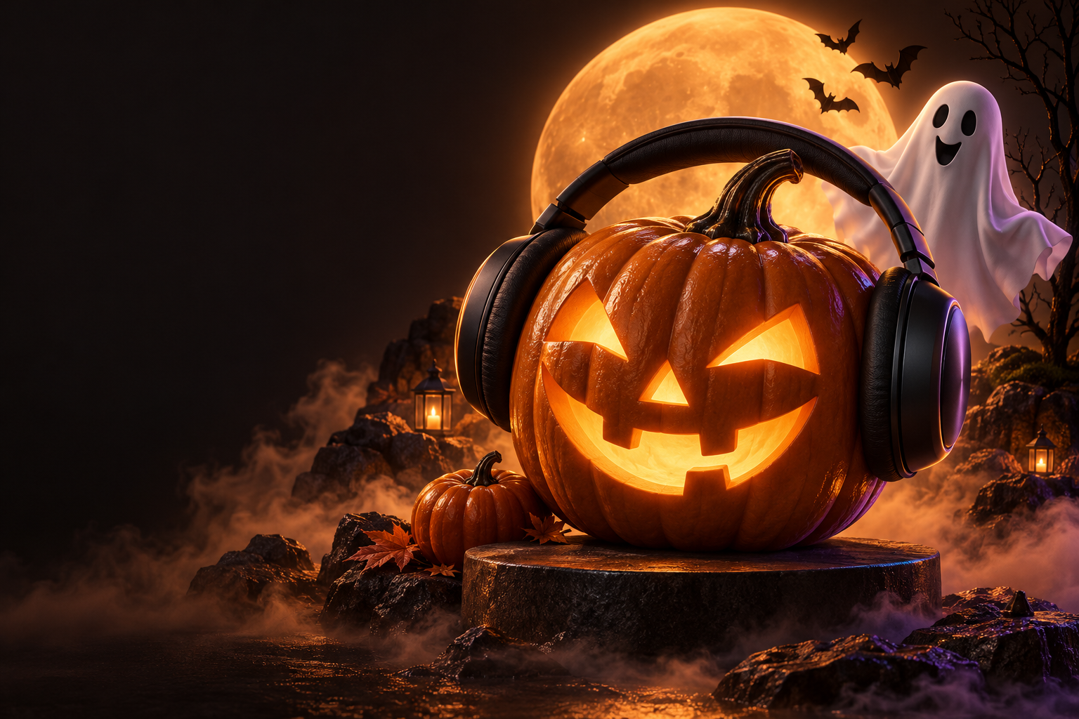 Чихэвчтэй улбар шар Halloween хулуу, гэрэлт сар, бяцхан сүнс бүхий кампанит дүрслэл